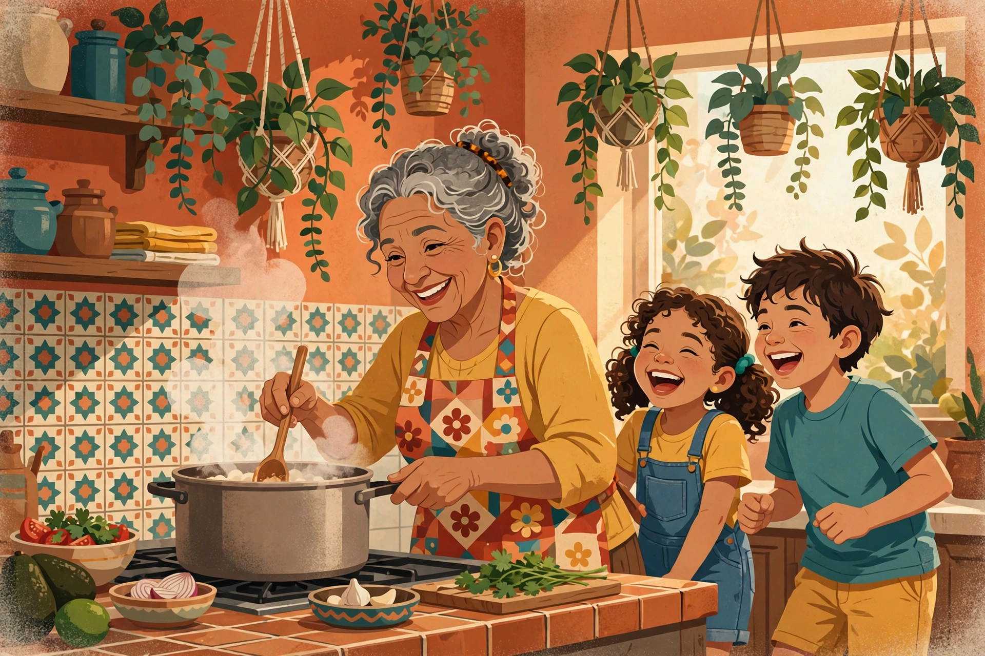 Ilustración de una abuela latina cocinando una sopa en una cocina soleada