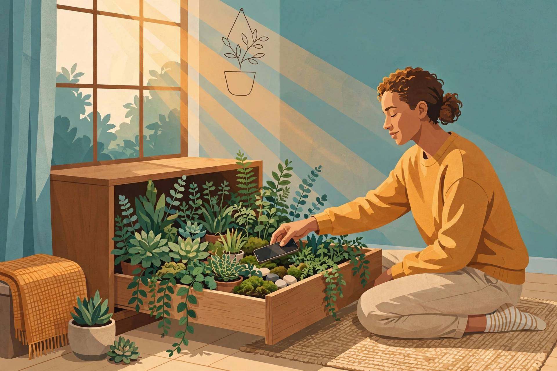 Ilustración de una persona guardando su celular en un cajón lleno de plantas, con luz de mañana entrando por la ventana