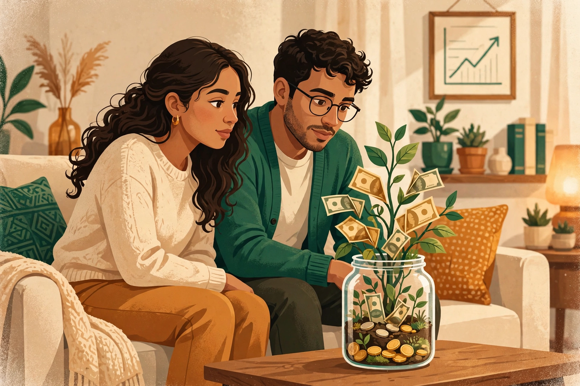 Ilustración de una pareja joven mirando un frasco de monedas del que crece una planta