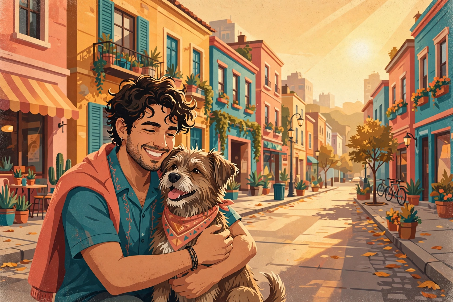 Ilustración de un joven abrazando a un perro callejero en una calle de la ciudad