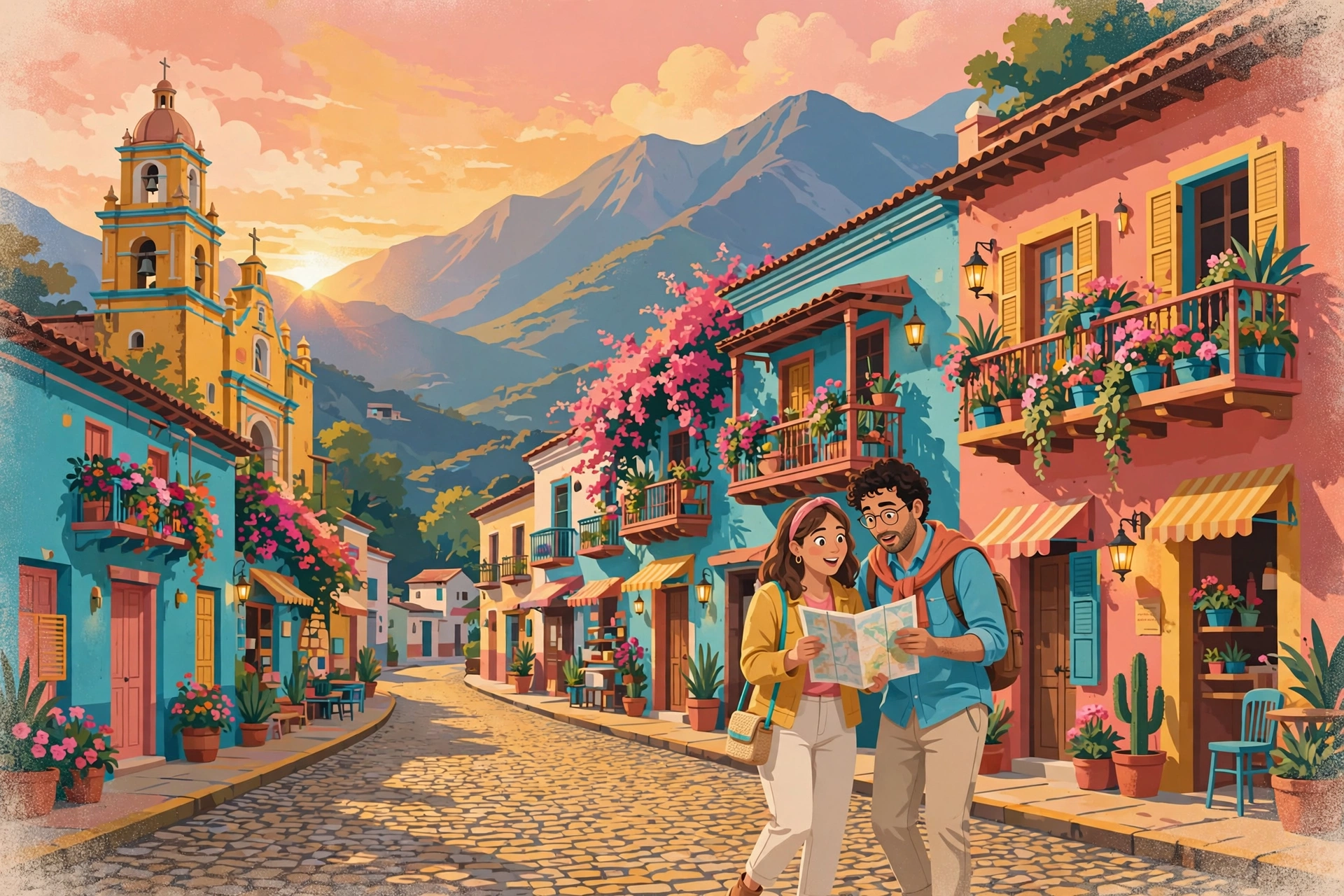 Ilustración de una calle colonial latinoamericana de colores con balcones floridos