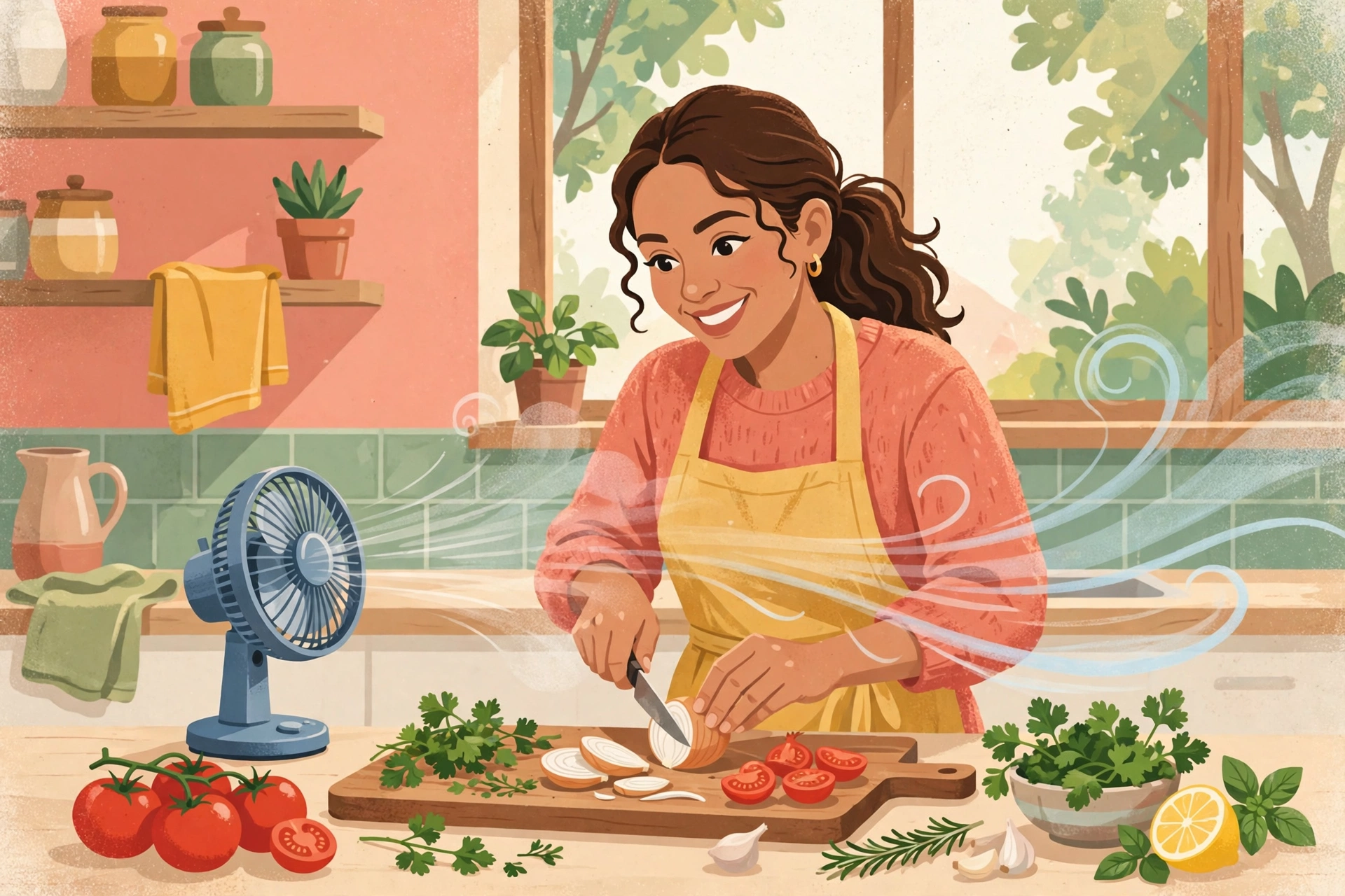 Ilustración de una mujer en una cocina luminosa cortando cebolla